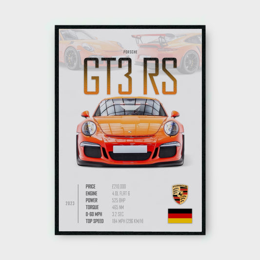 Framed poster of a red Porsche GT3 RS with specifications on a white background
