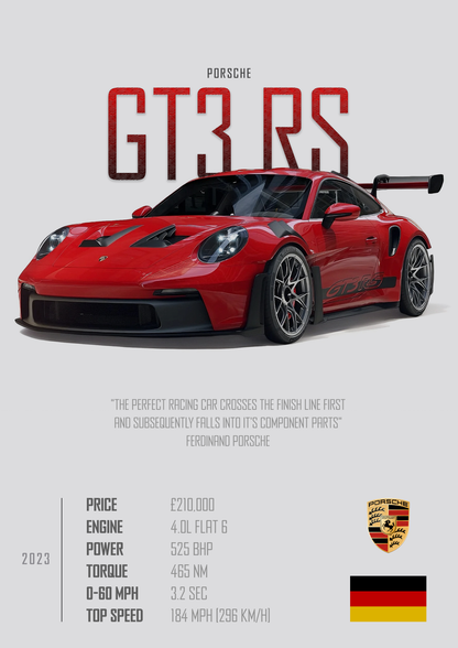 Porsche GT3 RS Poster - Glossy A3/A4 Wall Decal